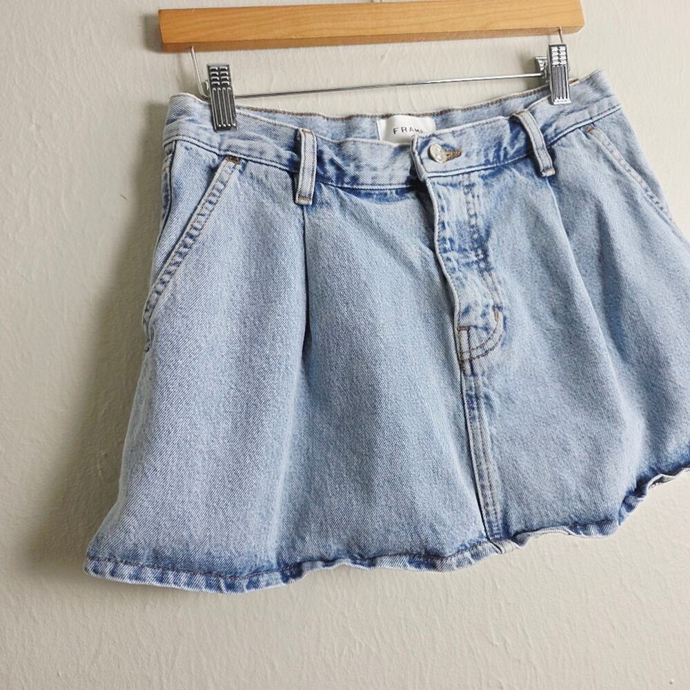 FRAME The Pleated Denim Mini Skirt in Outlaw Blue High End Luxury Jean Skirt 26 - Picture 9 of 16